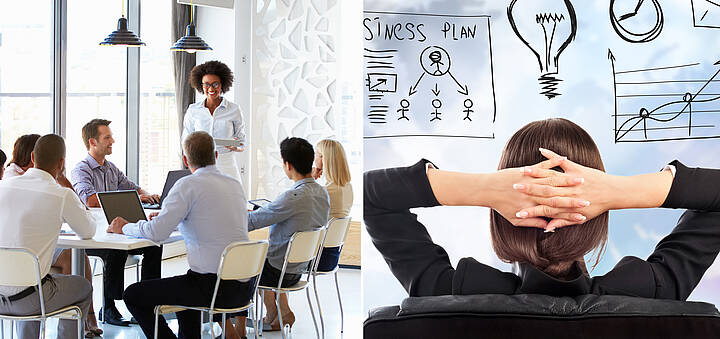 Branchenbeirat „Women in Leadership & Culture“ Drei verschiedene Abbildungen: Personen bei einer Besprechung, eine Frau auf einem Bürostuhl mit Blick auf verschiedene Aufzeichnungen und Frauen im Business-Look