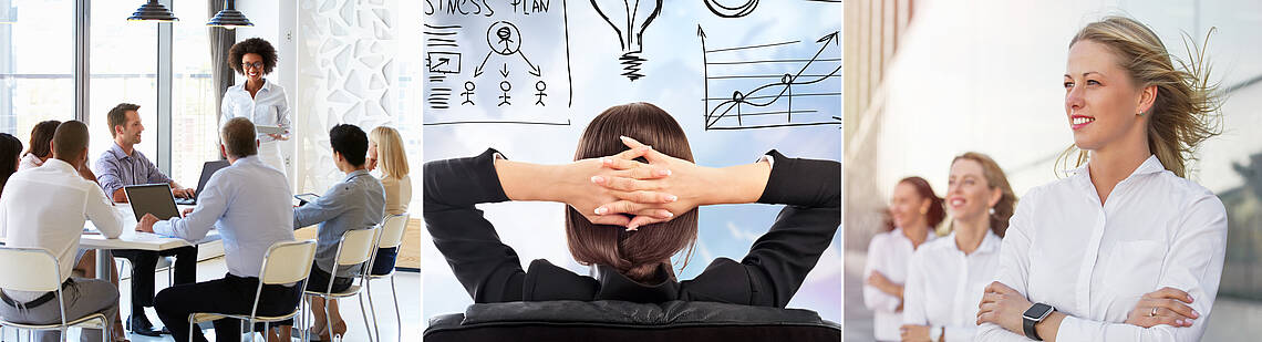 Branchenbeirat „Women in Leadership & Culture“ Drei verschiedene Abbildungen: Personen bei einer Besprechung, eine Frau auf einem Bürostuhl mit Blick auf verschiedene Aufzeichnungen und Frauen im Business-Look